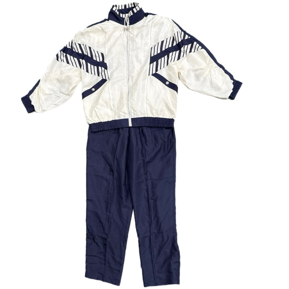 Vtg 80’s 90’s Janice Silk Windbreaker Track Suit Set Jacket Pants Navy Cream